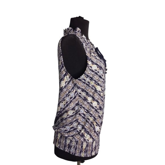 WHBM Size S Blouse Top Womens Sleeveless Ruffle Neck Tie Abstract Printed Design - Picture 4 of 10